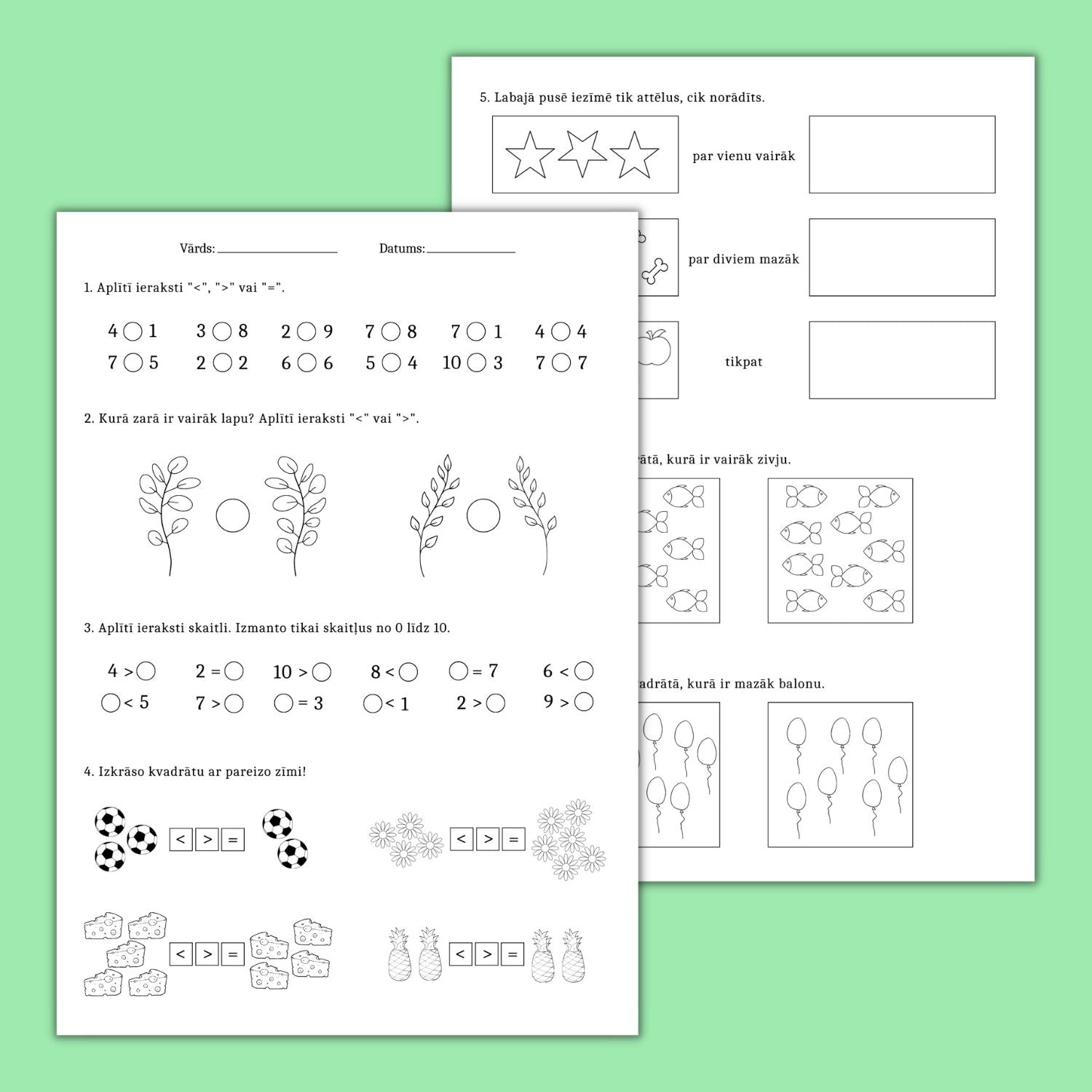 matemātika 1. klasei darba lapas tikpat, vairāk un mazāk