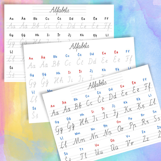 Alfabēta plakāti burtu rakstīšana rakstīto burtu darba lapas Baltaita