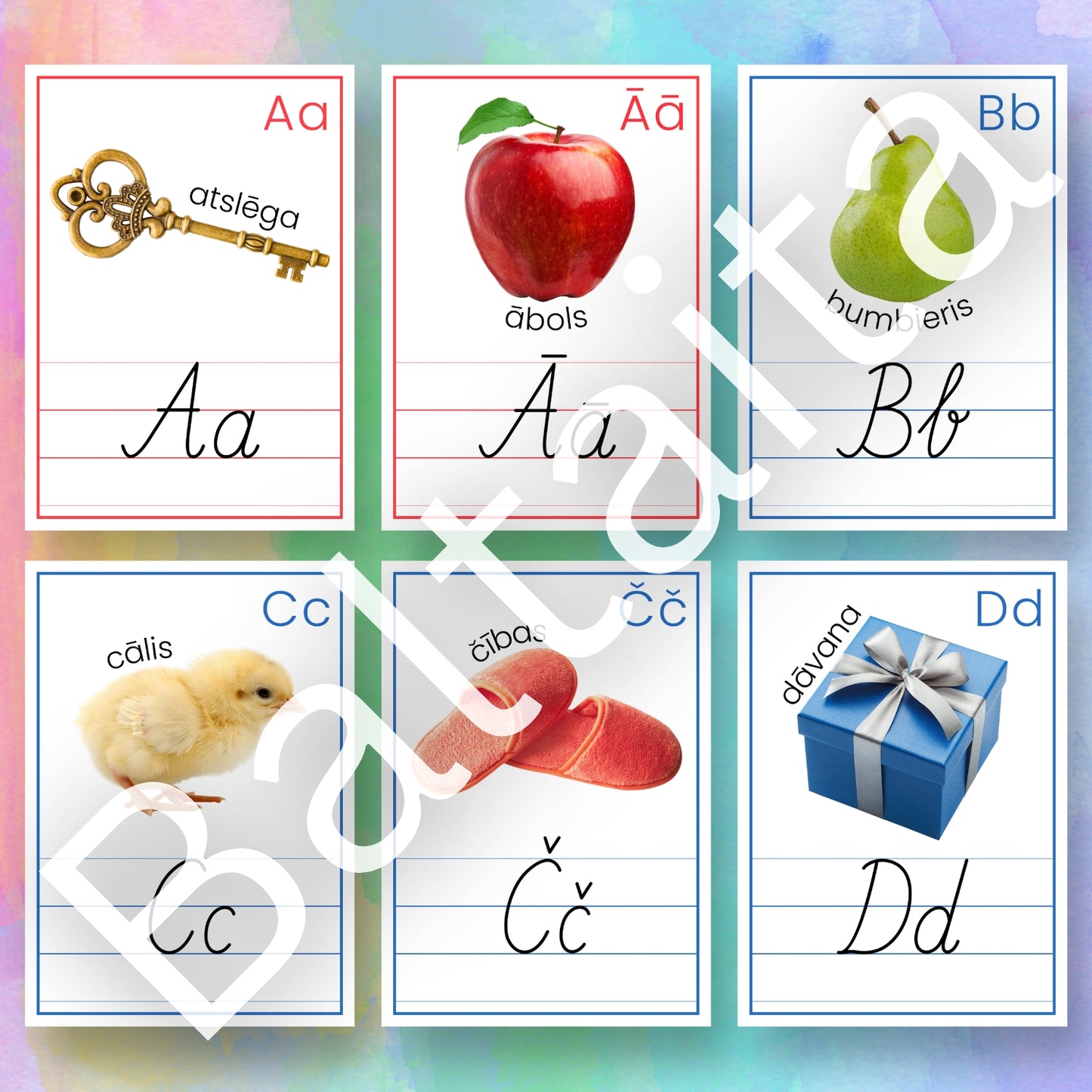 Alfabēta plakāti no baltaita mācību materiāli pirmsskolai un sākumskolai krāsaini alfabēta plakāti
