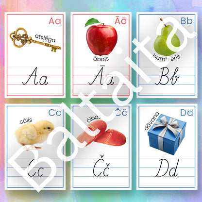 Alfabēta plakāti no baltaita mācību materiāli pirmsskolai un sākumskolai krāsaini alfabēta plakāti