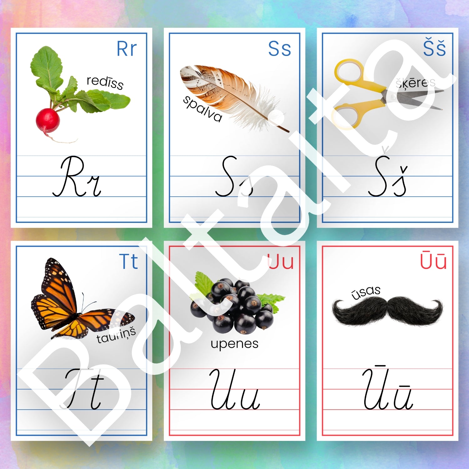 Alfabēta plakāti patskaņi un līdzskaņi lieli rakstītie burti mācību materiāls baltaita