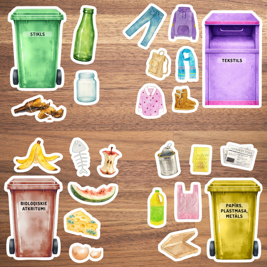 Atkritumu un tekstila šķirošana - spēle zemes dienas tematika rūpēs par zemi baltaita