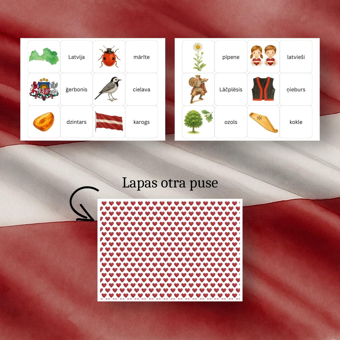 Atmiņas spēle - Latvijas simboli Latvijas svētku tematikas spēle loģikai un atmiņai baltaita mācību materiāli
