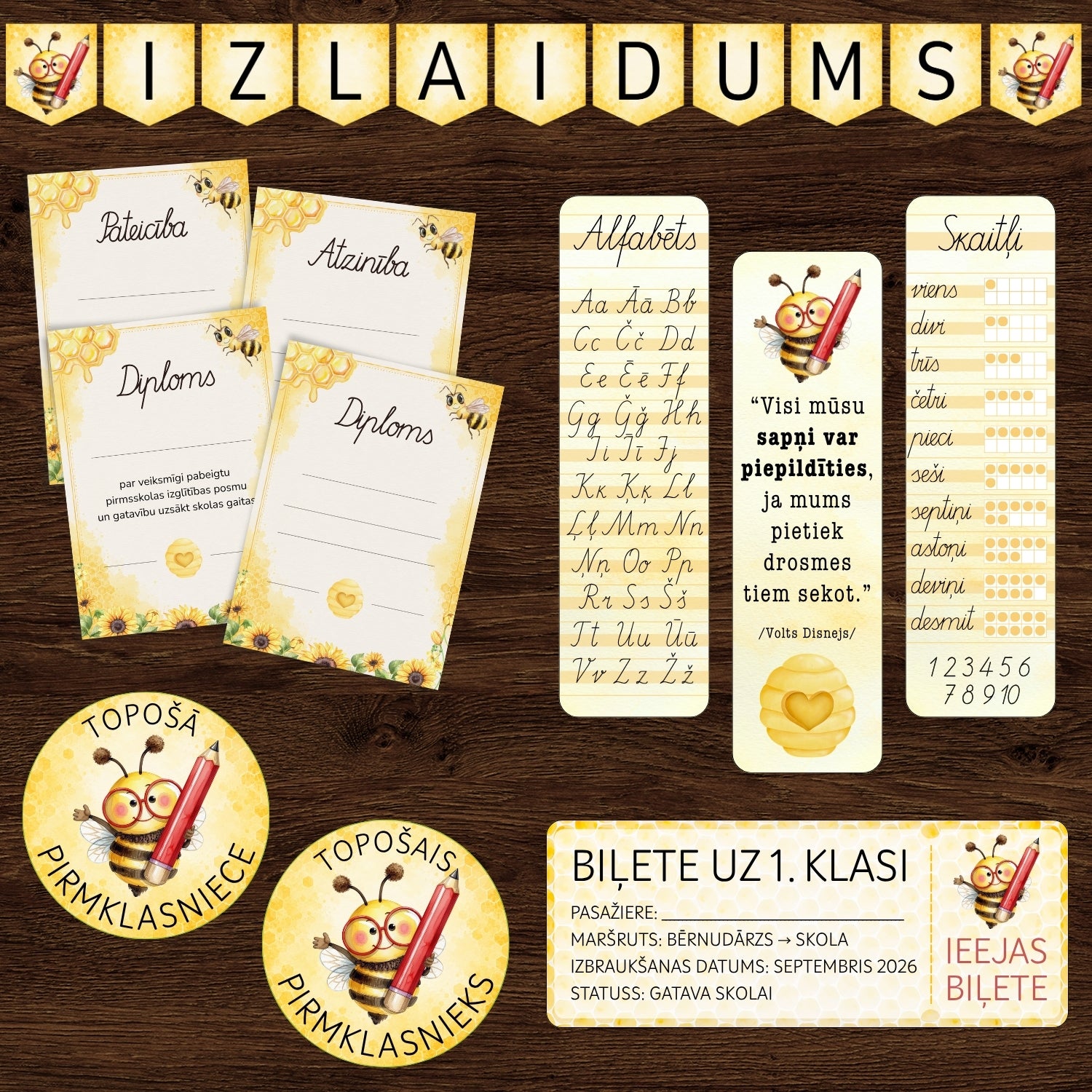 Bērnudārza absolventu komplekts - bitītes komplekts bērnudārzu beidzot bērnudārza izlaidums komplekts dekors baltaita
