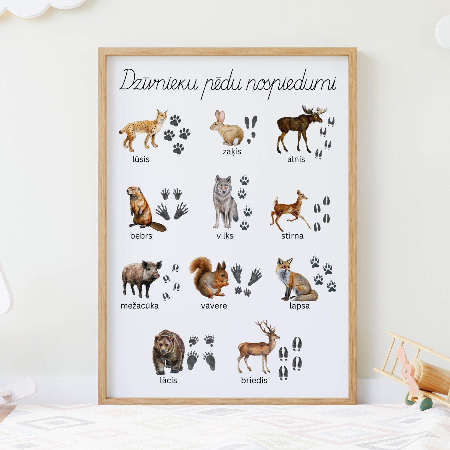 Dzīvnieku pēdu nospiedumi - plakāts Baltaita plakāts ar dzīvnieku pēdu nospiedumiem krāsaini dzīvnieku plakāti