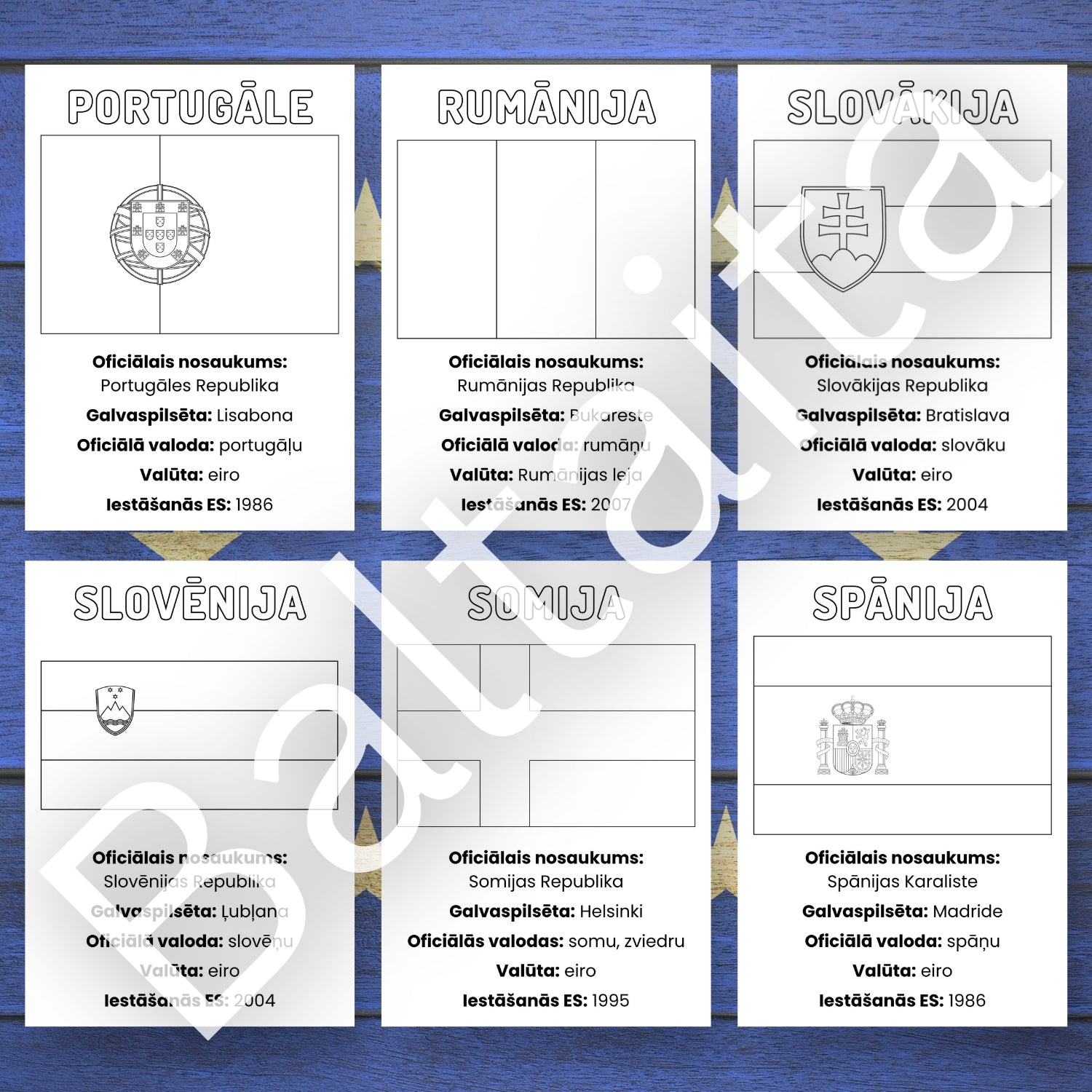 Eiropas Savienības valstu krāsojamie karogi un informācija ES valstu informācija baltaita mācību materiāli