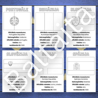 Eiropas Savienības valstu krāsojamie karogi un informācija ES valstu informācija baltaita mācību materiāli