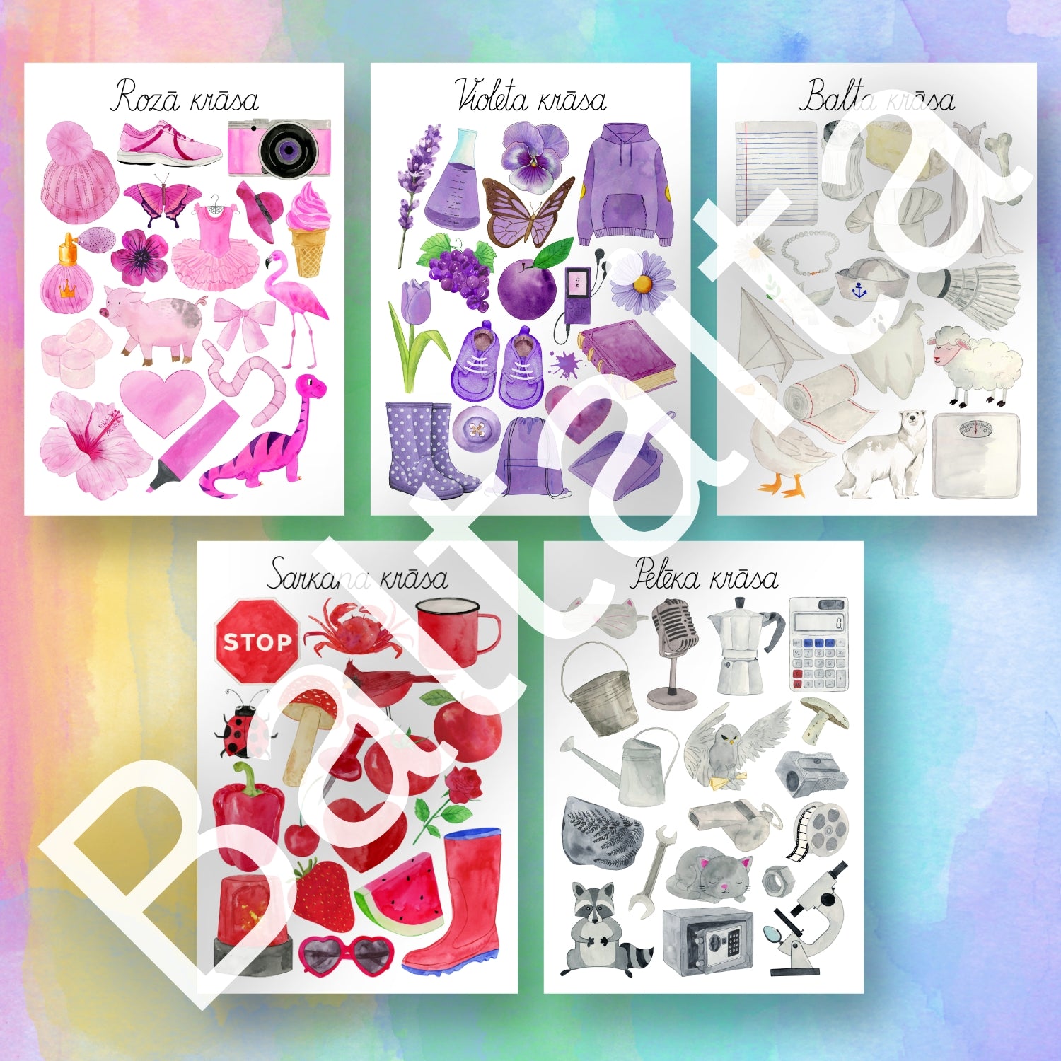 Krāsu plakāti no baltaita mācību materiāli par krāsām