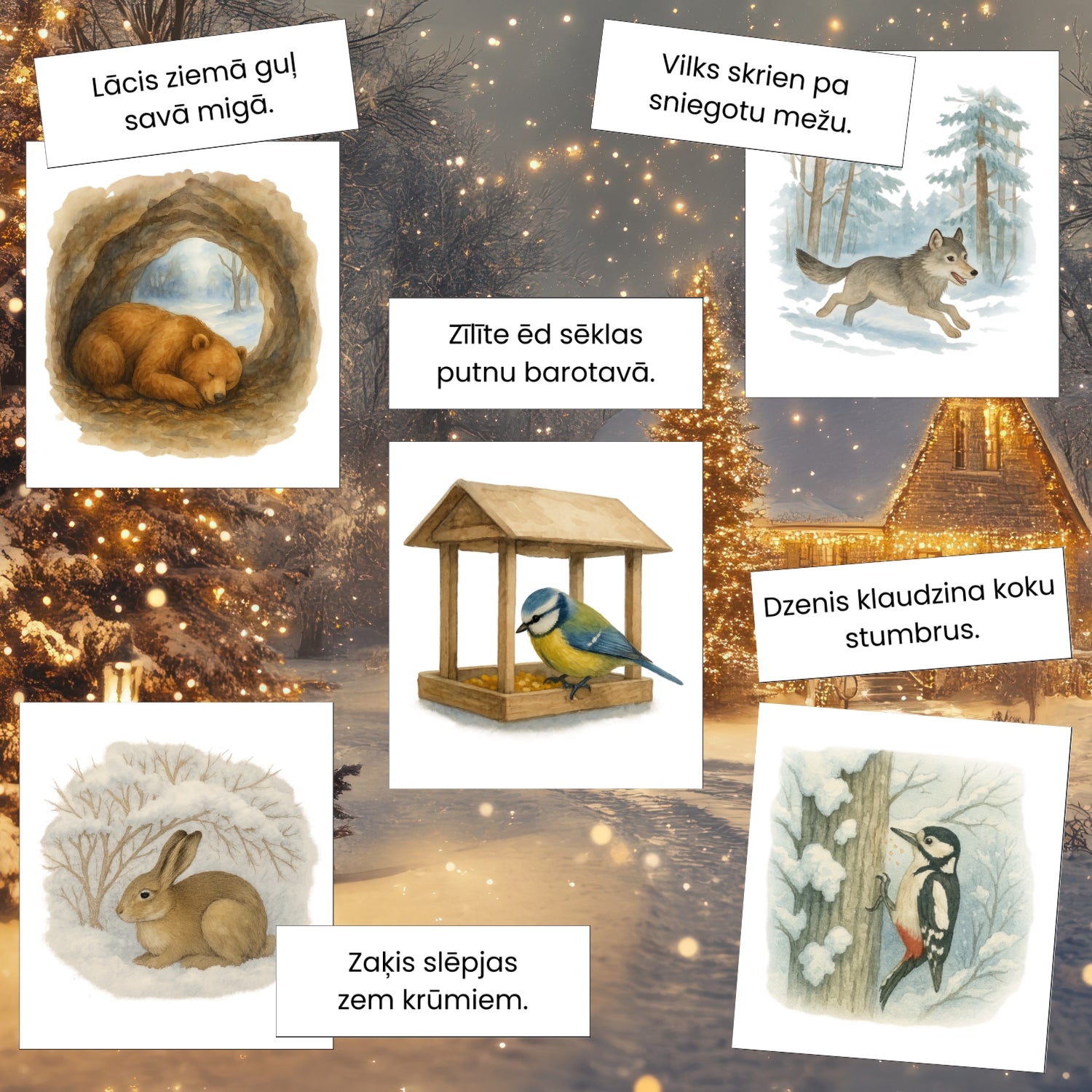 Lasīšanas kartītes - īsi teikumi, dzīvnieki ziemā lasīšanas uzdevums bērniem Baltaita