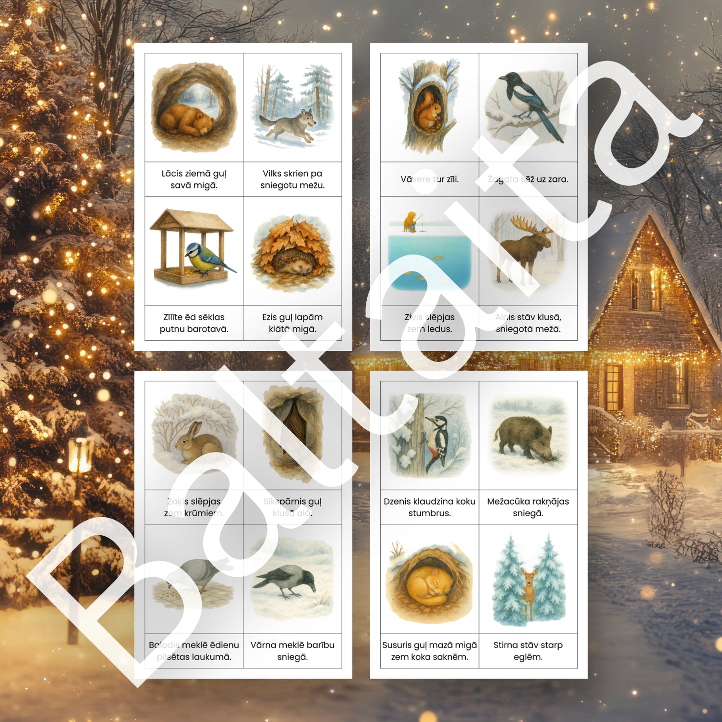 Lasīšanas kartītes - īsi teikumi, dzīvnieki ziemā uzdevumi lasīšanai ziema par dzīvniekiem Baltaita