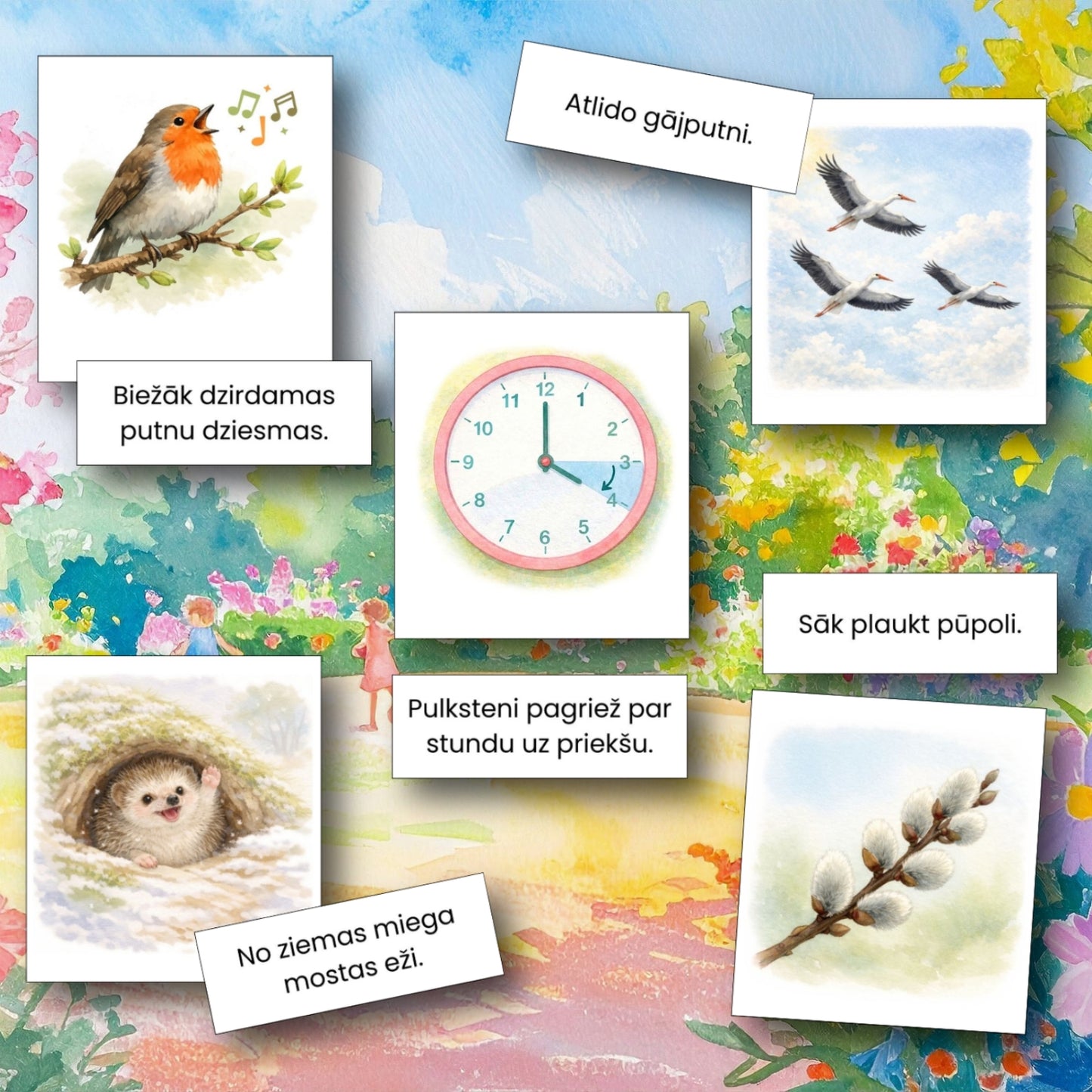 Lasīšanas kartītes - pavasaris kartītes lasīšanai pavasara tematikā baltaita mācību materiāli