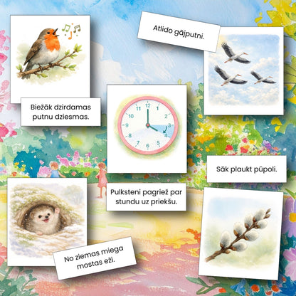 Lasīšanas kartītes - pavasaris kartītes lasīšanai pavasara tematikā baltaita mācību materiāli