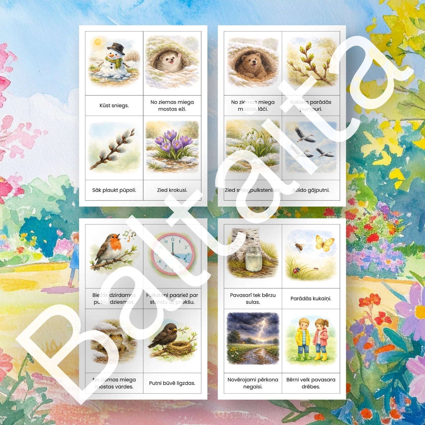 Lasīšanas kartītes - pavasaris krāsainas kartītes pavasara tematikā ar lasīšanas uzdevumi mācību materiāli no baltaita