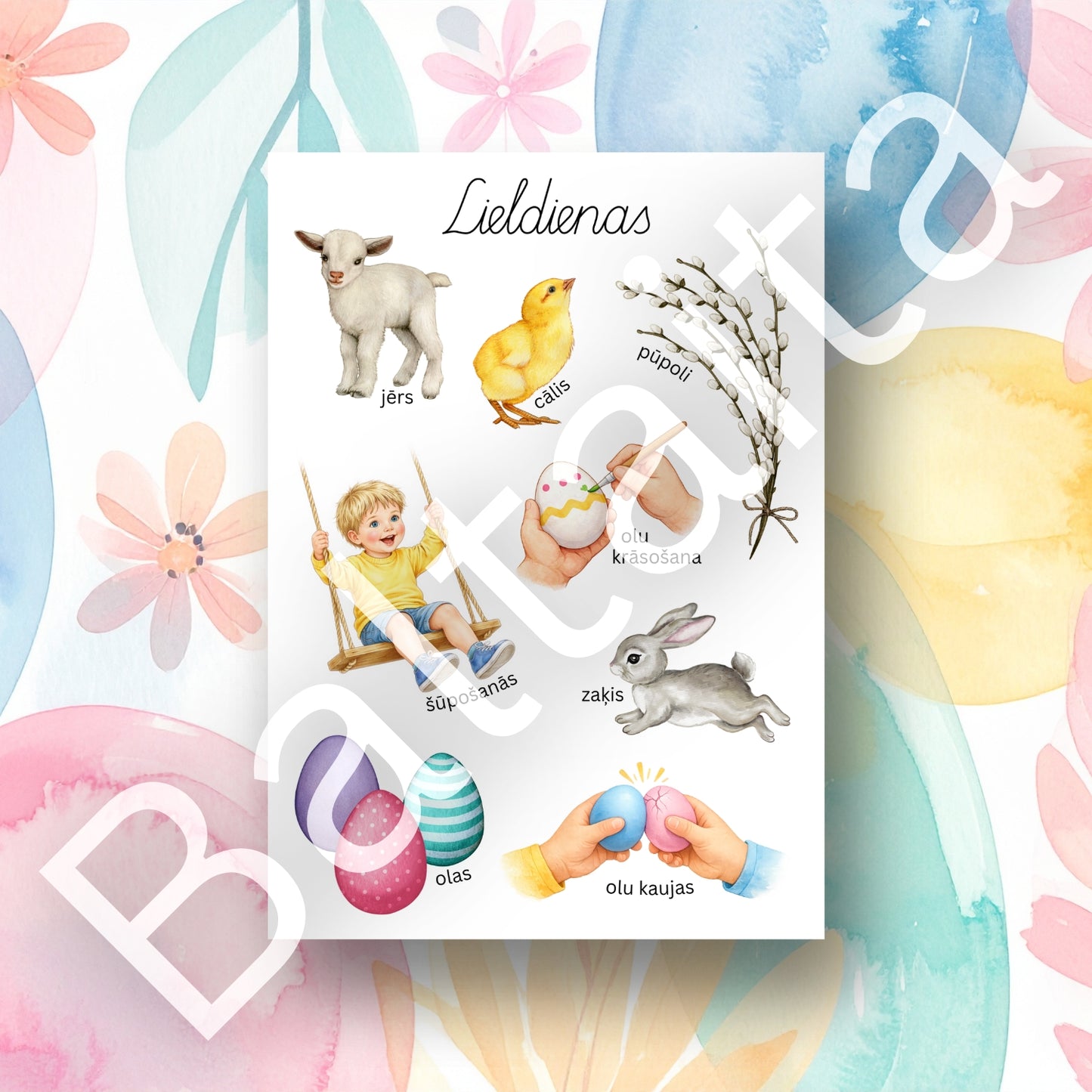 Lieldienas - plakāts ar krāsainiem attēliem par Lieldienām Baltaita