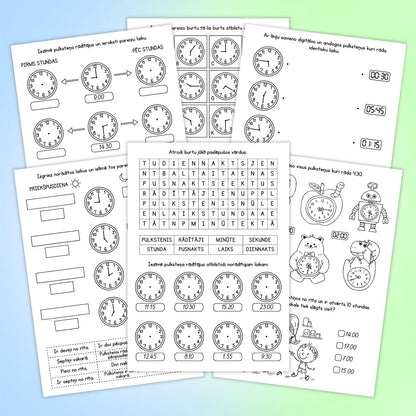 Mācāmies pulksteni darba lapas mācību materiāls par laiku un pulksteni