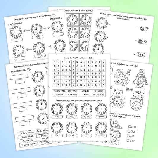 Mācāmies pulksteni darba lapas mācību materiāls par laiku un pulksteni