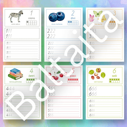 Mācāmies rakstīt ciparus ciparu mācīšanai darba lapas mācību materiāls baltaita