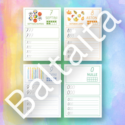 Mācāmies rakstīt ciparus mācību materiāli baltaita darba lapas