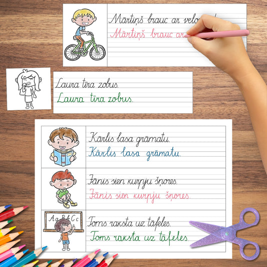 Pārraksti teikumus - bērnu ikdiena darba lapas rakstīšanai ar rakstītajiem burtiem baltaita mācību materiāli