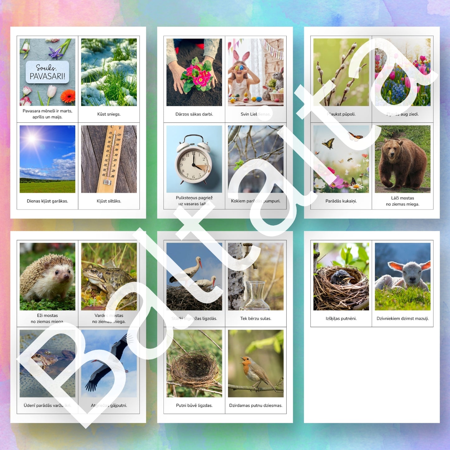 Pavasara vēstneši - kartītes lasīšanai pirmsskolai par pavasari baltaita