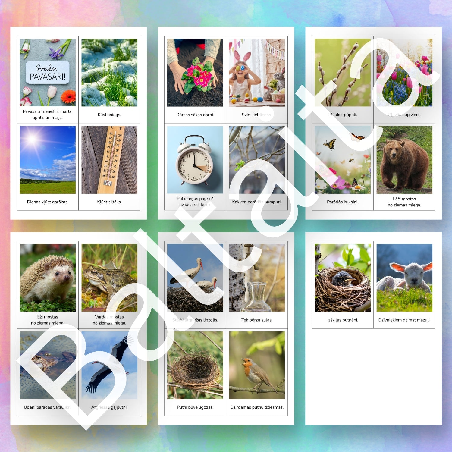 Pavasara vēstneši - kartītes lasīšanai pirmsskolai par pavasari baltaita