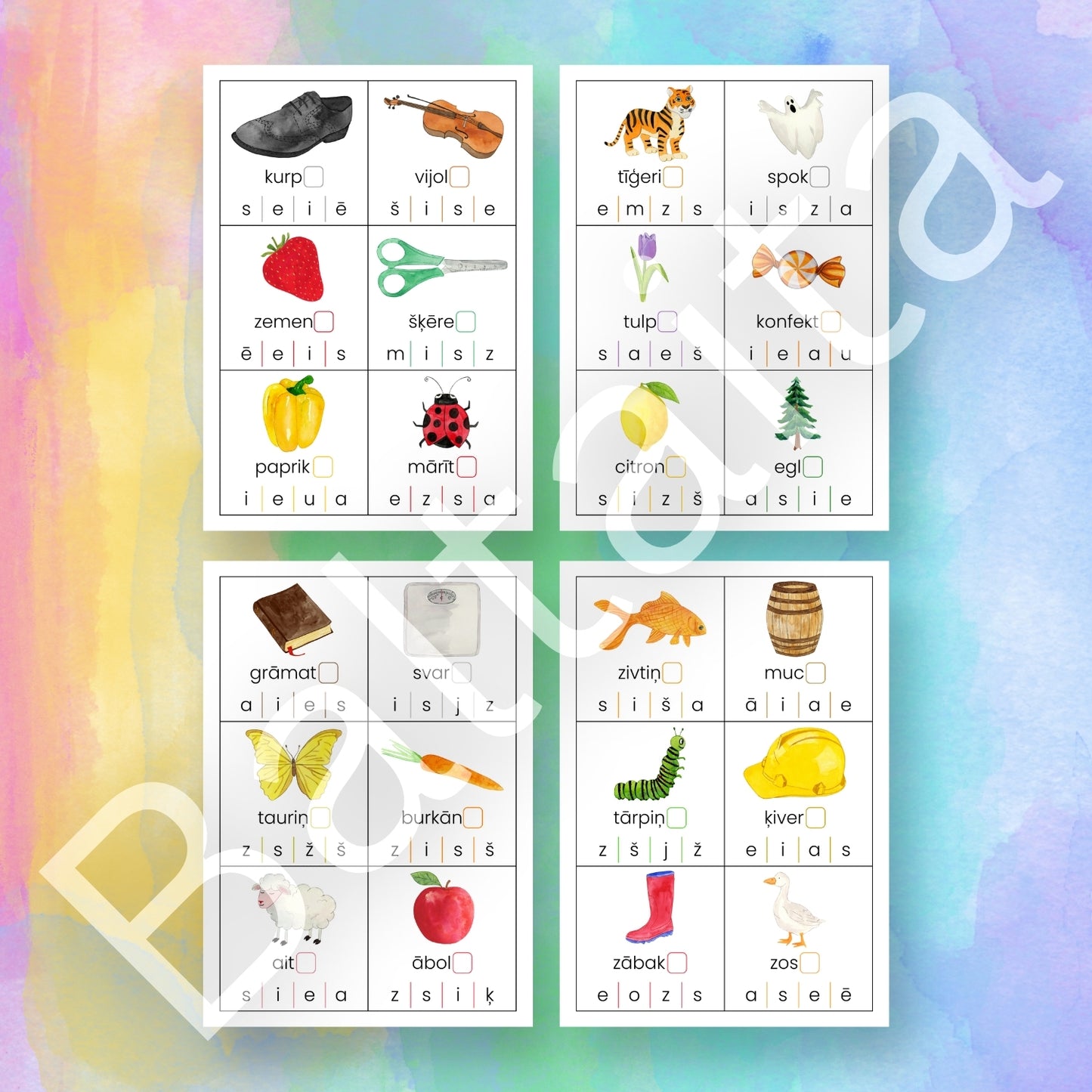 Pēdējo skaņu kartītes Baltaita mācību materiāli pēdējā burta noteikšanai