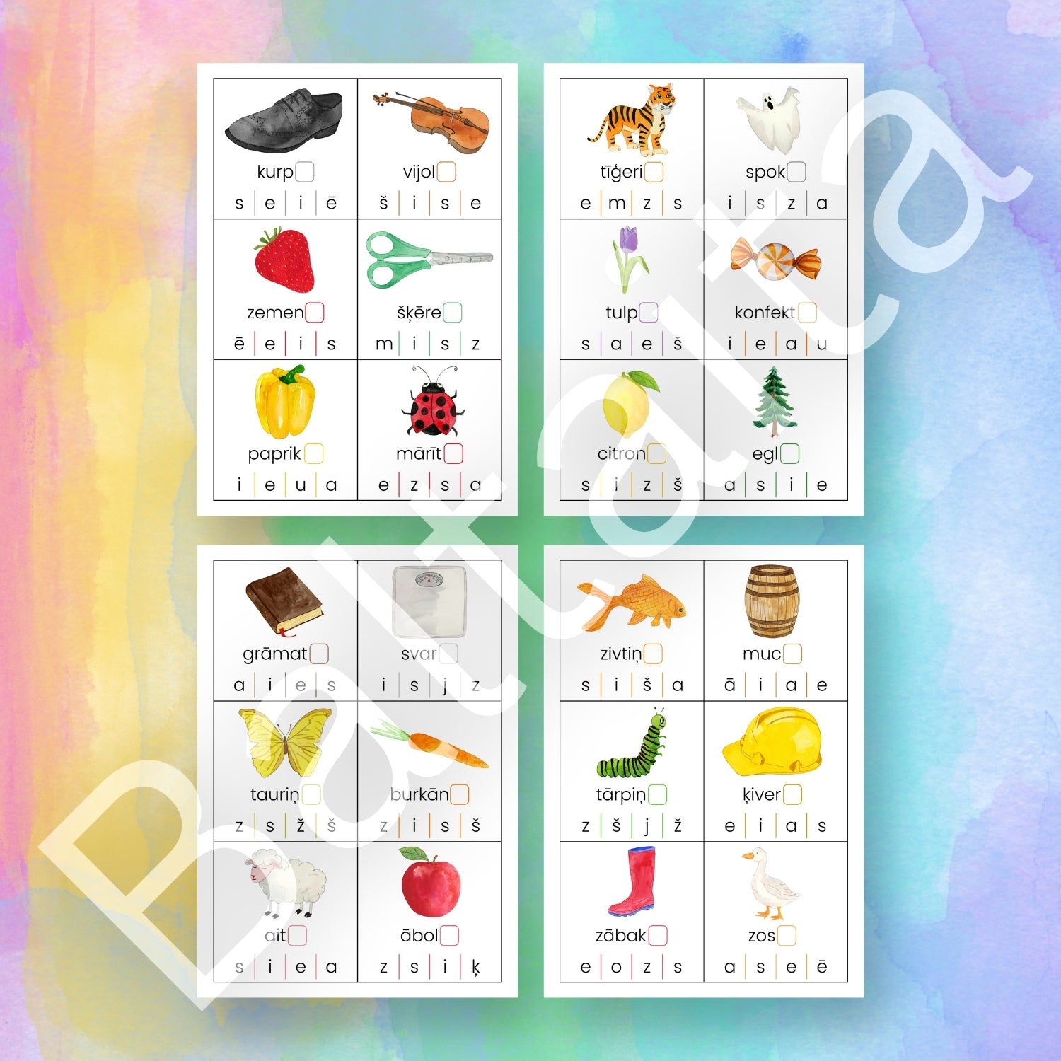 Pēdējo skaņu kartītes Baltaita mācību materiāli pēdējā burta noteikšanai