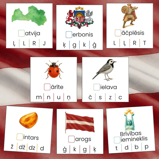Pirmo skaņu kartītes - Latvija spēle par zilbēm pirmo skaņu spēle Latvijas tematika baltaita