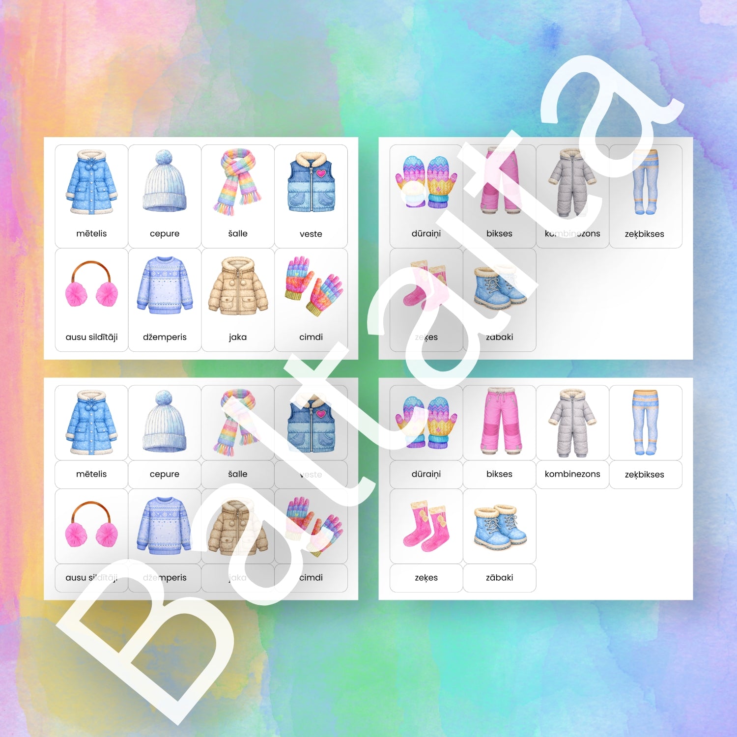 Rādāmās kartītes par ziemas apģērbu bērniem no baltaita mācību materiāli