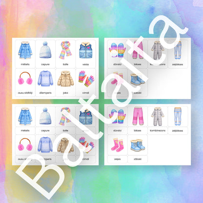 Rādāmās kartītes par ziemas apģērbu bērniem no baltaita mācību materiāli