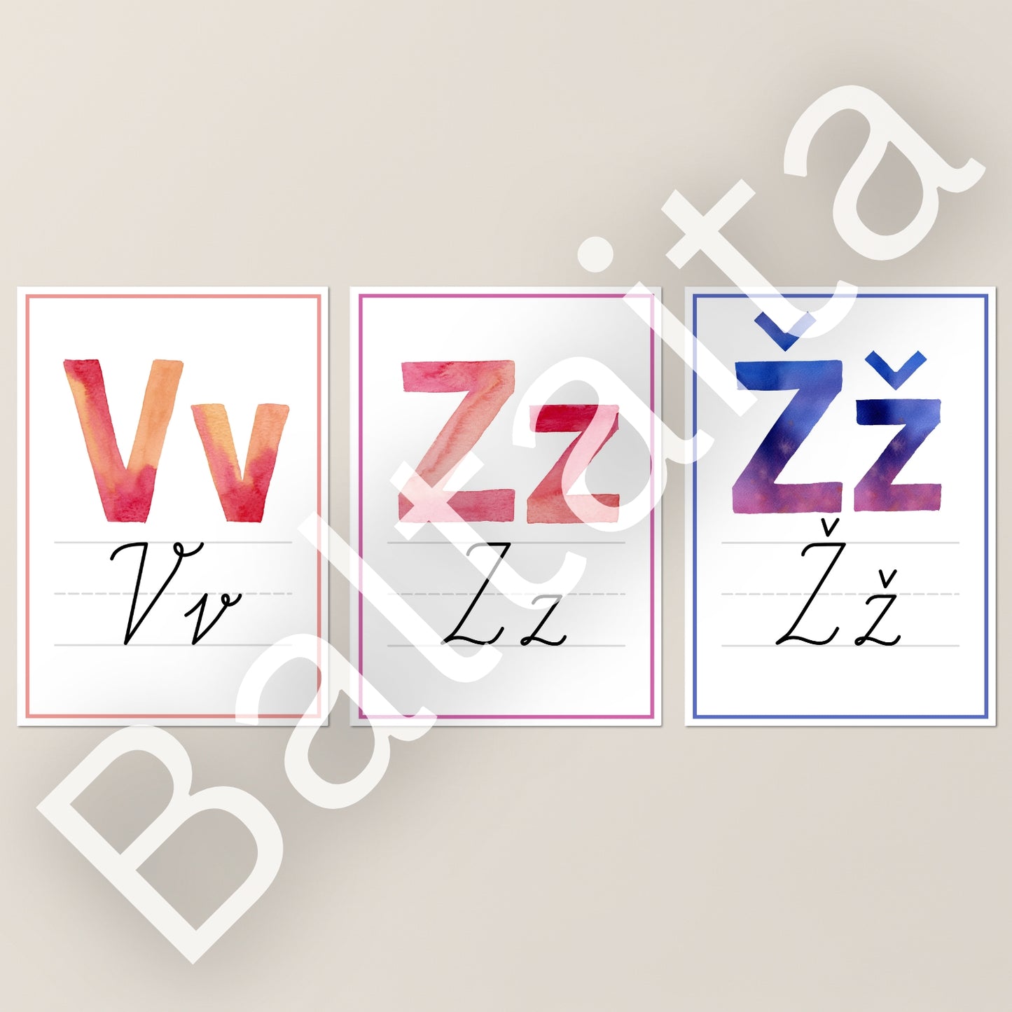 Rakstītie burti krāsaini plakāti dekors bērnudārzam sākumskolai baltaita