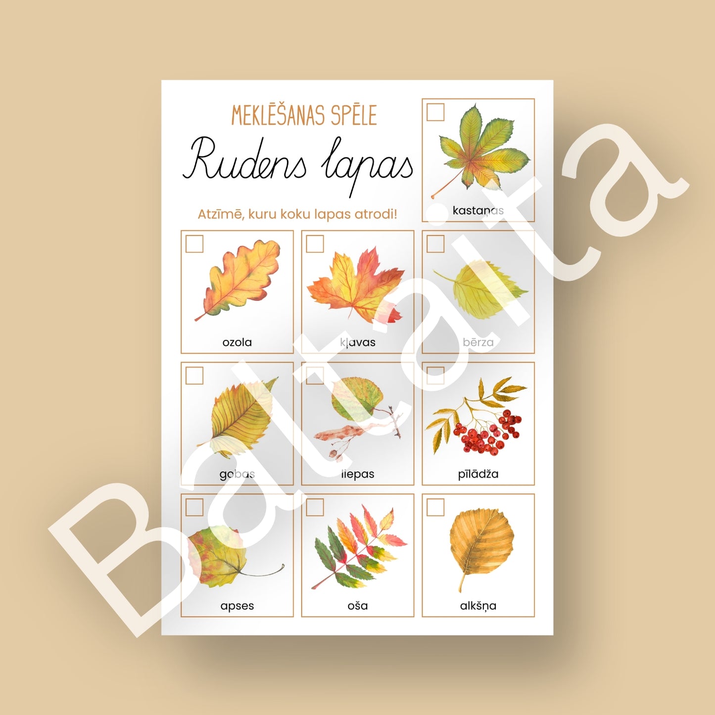 Rudens lapas - meklēšanas spēle uzdevums rudenī koku lapas rudenī baltaita.lv