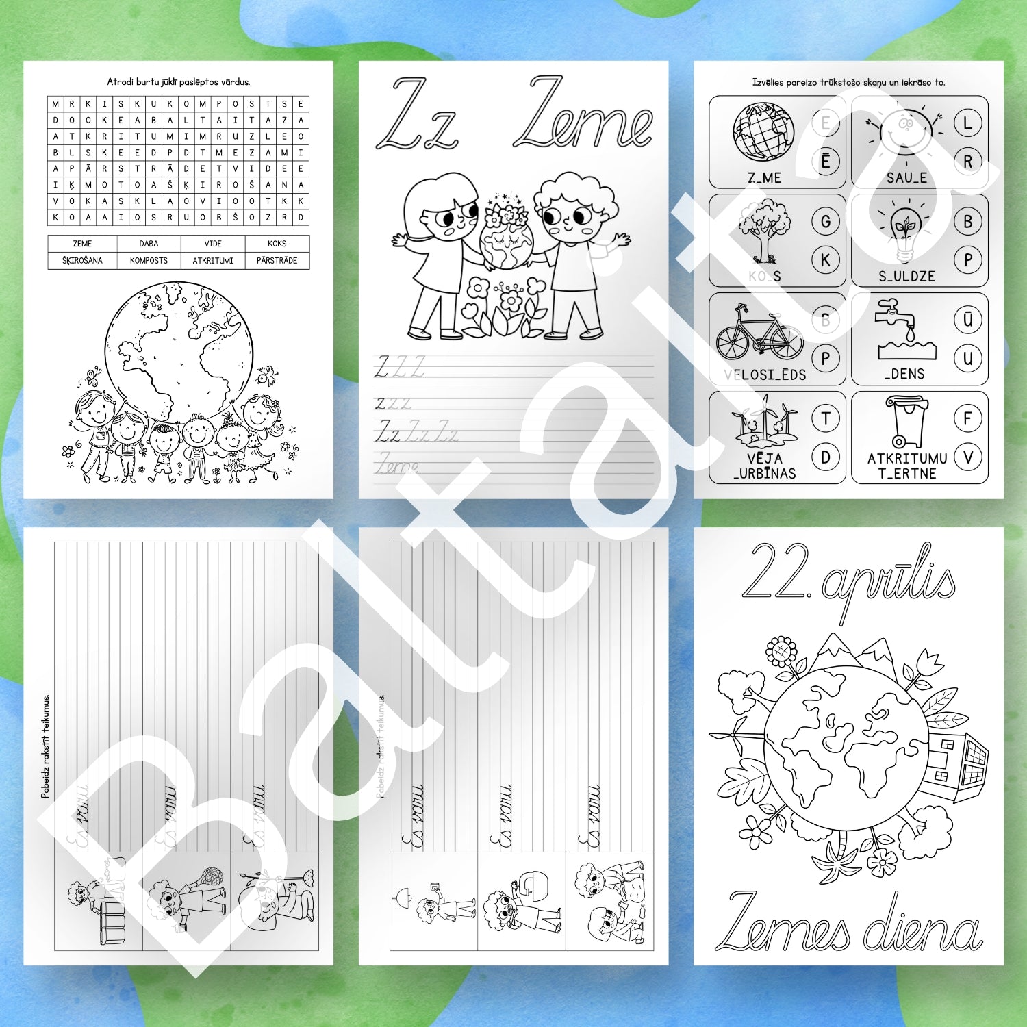 Zemes diena - darba lapas rakstīšanas uzdevumi par Zemi par Zemi baltaita mācību materiāli