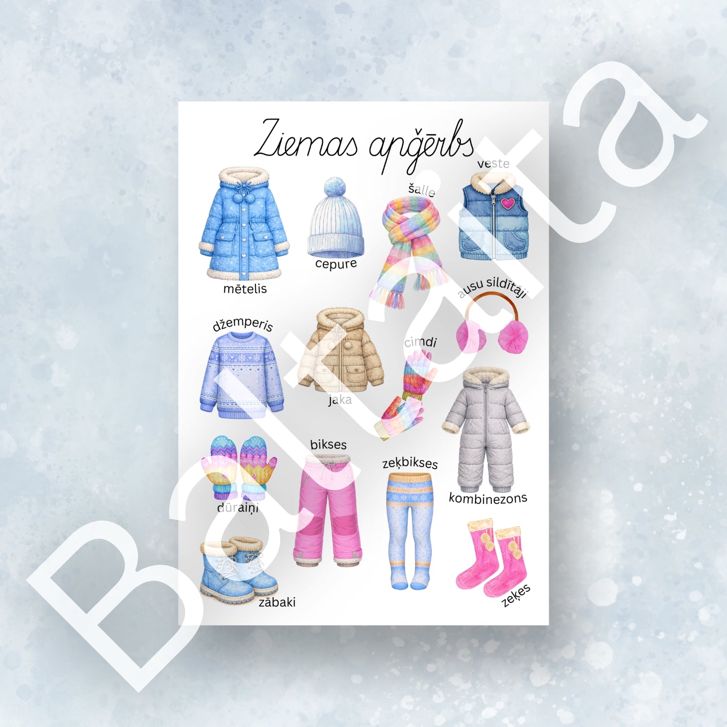 Ziemas apģērba plakāts rakstītie burti baltaita mācību materiāli