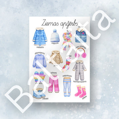 Ziemas apģērba plakāts rakstītie burti baltaita mācību materiāli