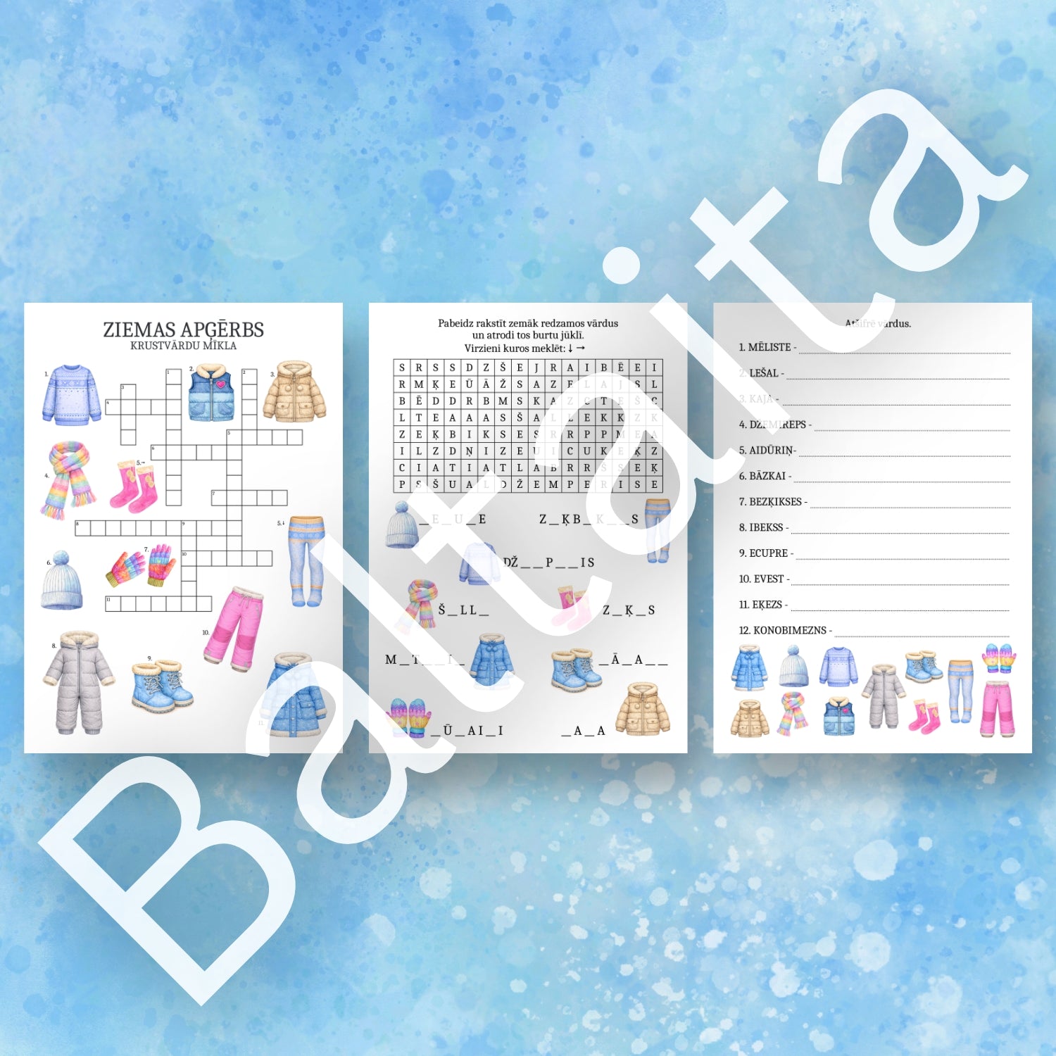 Ziemas apģērbs burtu jūklis baltaita mācību materiāli krustvārdu mīkla par ziemas apģērbu