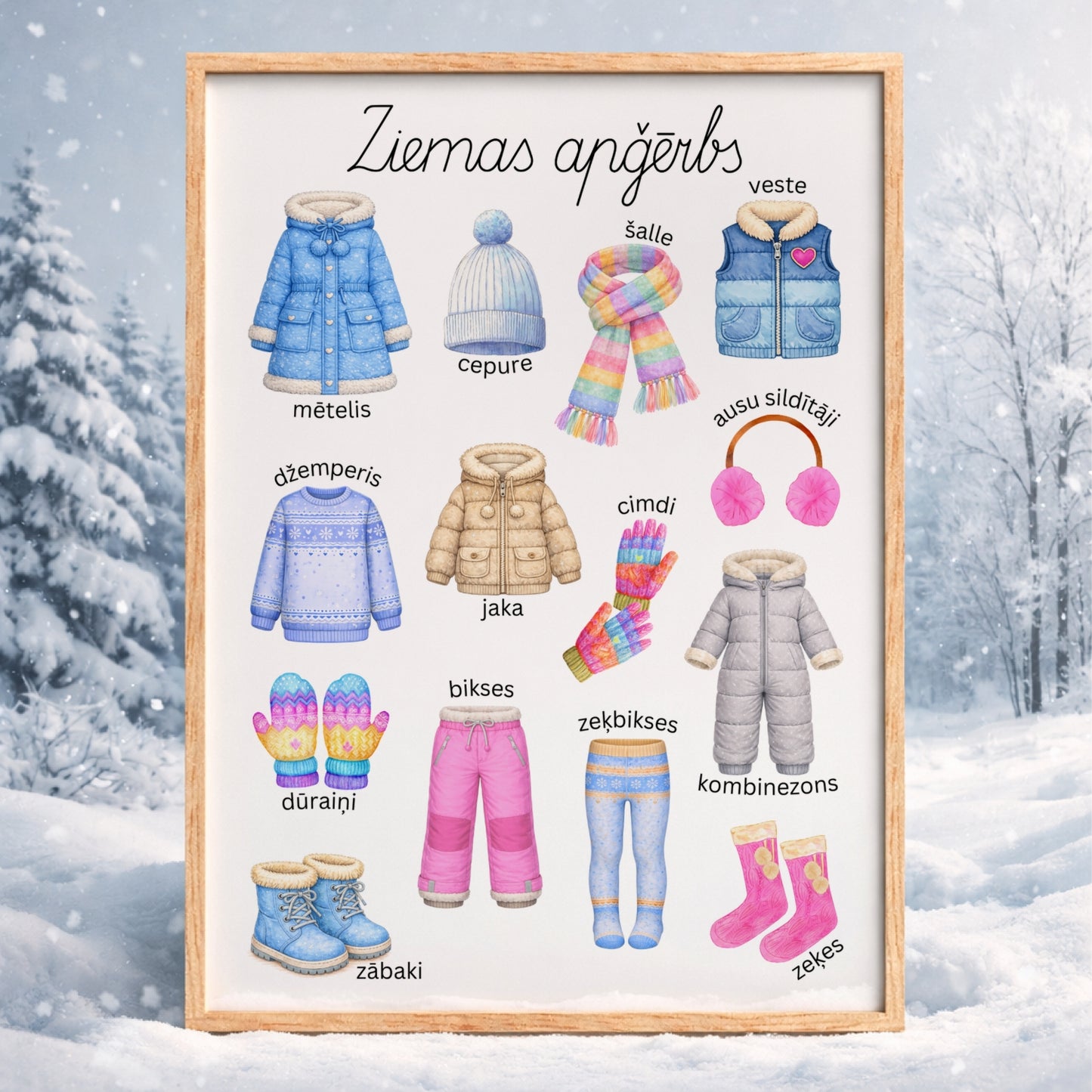 Ziemas apģērbs plakāts ar krāsainiem apģērba attēliem un nosaukumiem baltaita
