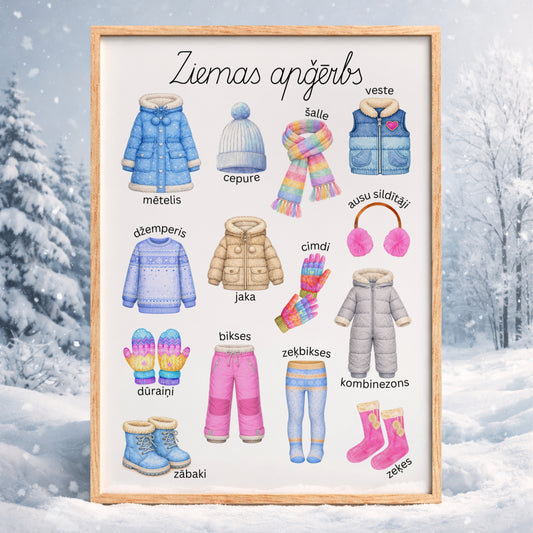Ziemas apģērbs plakāts ar krāsainiem apģērba attēliem un nosaukumiem baltaita