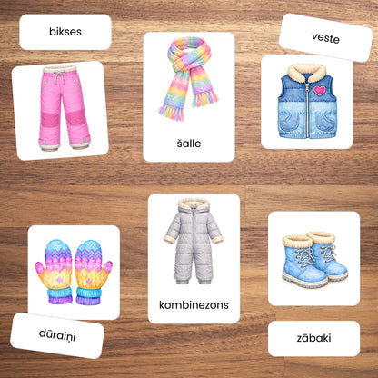 Ziemas apģērbs rādāmās kartītes viendaļīgas un divdaļīgas kartītes par ziemas apģērbu bērniem mācību materiāli baltaita