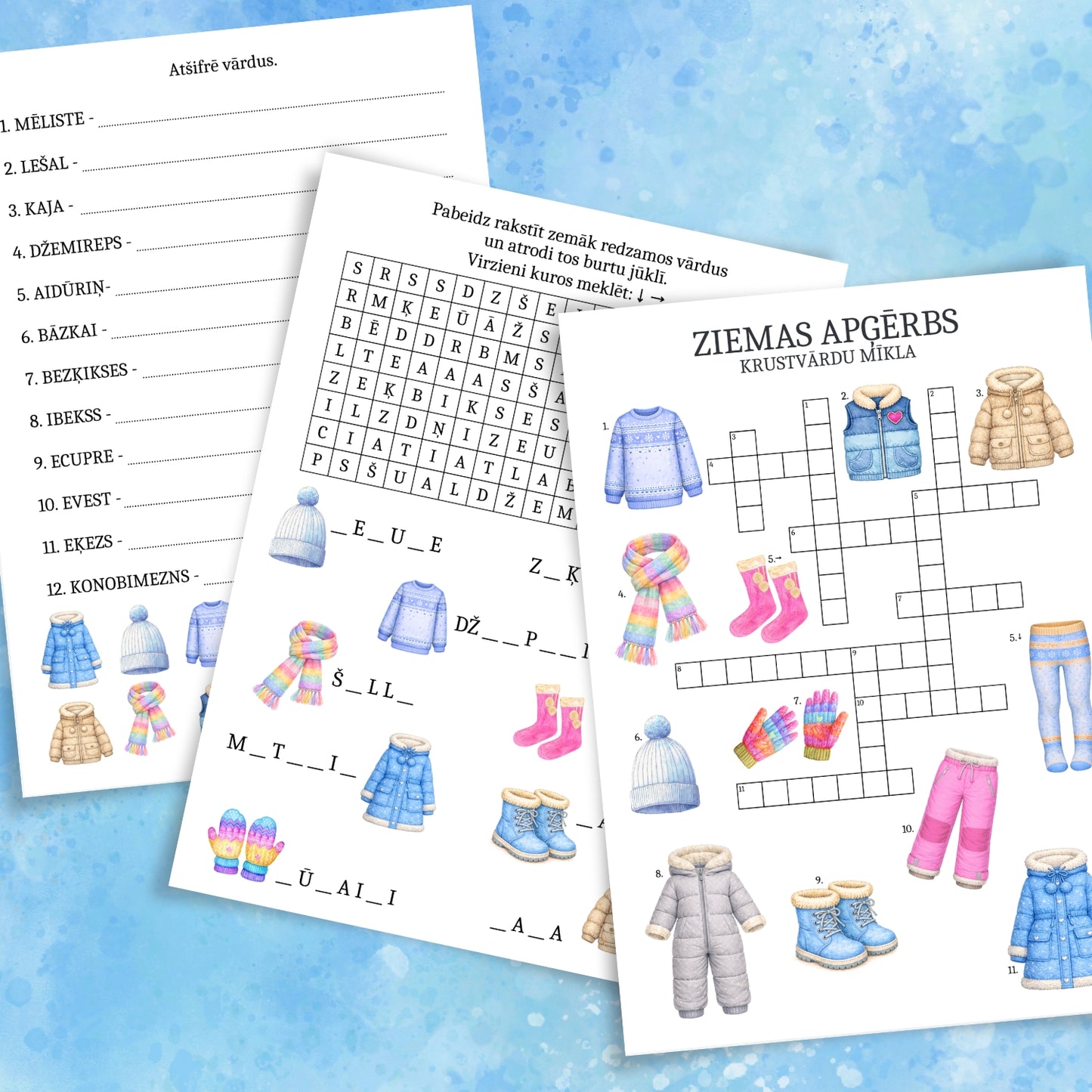 Ziemas apģērbs vārdu spēles baltaita mācību materiāli ziemas krustvārdu mīkla vārdu uzdevumi par ziemas apģērbu baltaita