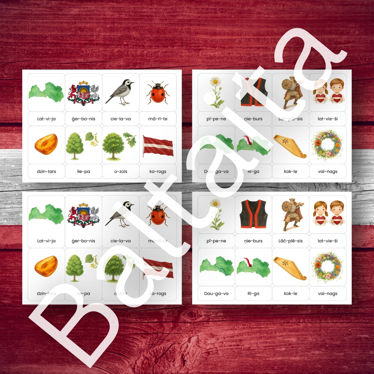 Zilbju kartītes - Latvija Baltaita mācību materiāls par zilbēm kartītes
