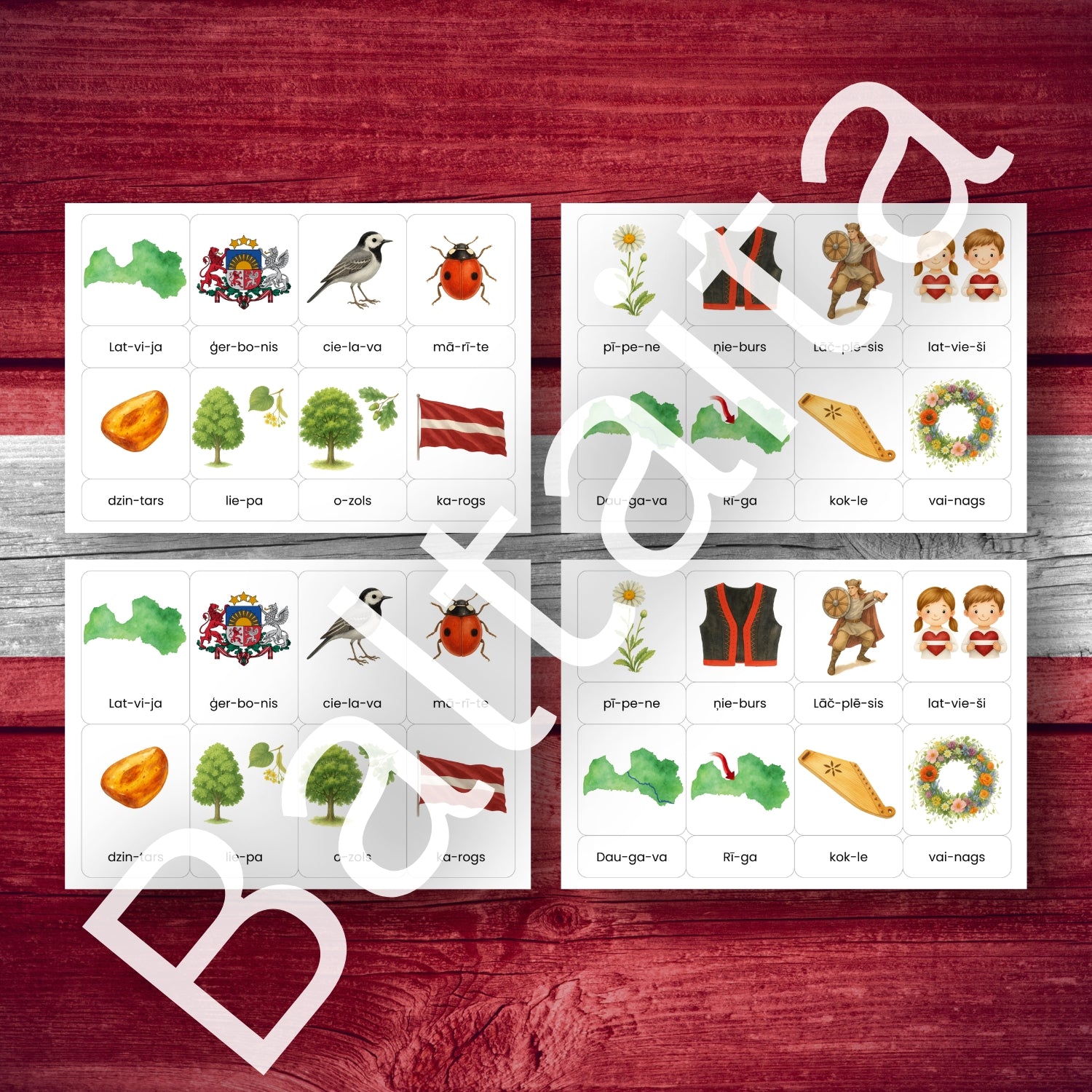 Zilbju kartītes - Latvija Baltaita mācību materiāls par zilbēm kartītes