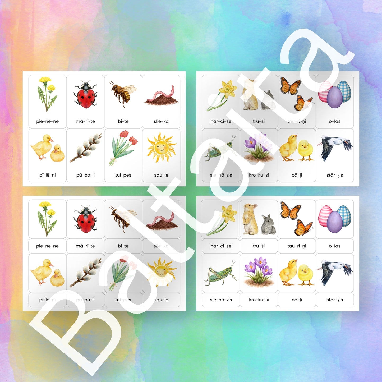 Zilbju kartītes - pavasaris baltaita zilbju uzdevumi ar knaģiem kartītes pavasara zīmējumi krāsaini mācību materiāli