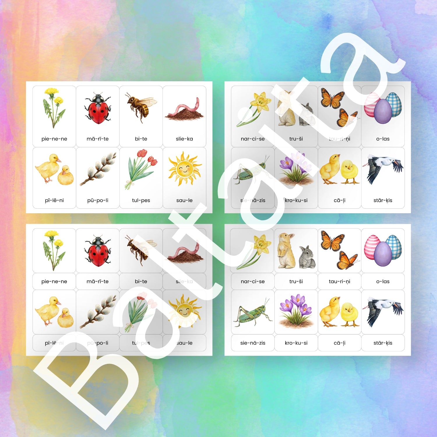 Zilbju kartītes - pavasaris baltaita zilbju uzdevumi ar knaģiem kartītes pavasara zīmējumi krāsaini mācību materiāli