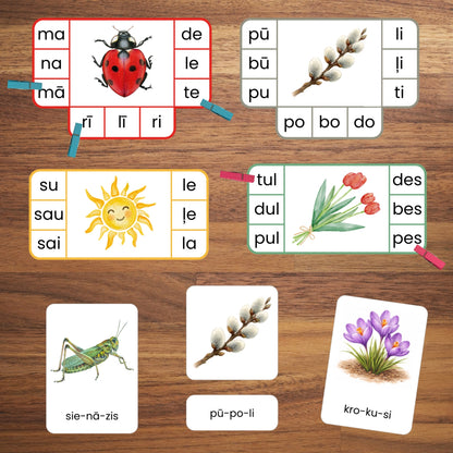 Zilbju kartītes - pavasaris krāsainas kartītes par pavasari baltaita mācību materiāli