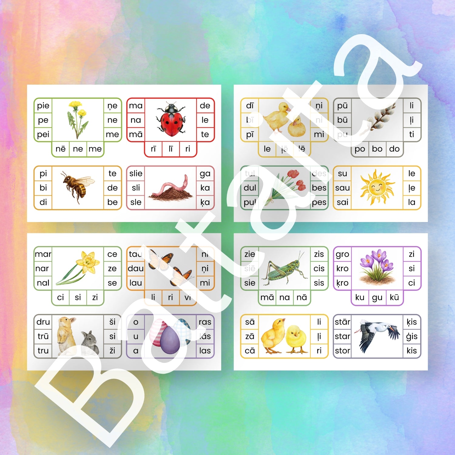 Zilbju kartītes - pavasaris krāsainas zilbju kartītes par pavasari zilbju uzdevumi knaģu kartītes ar zilbēm baltaita