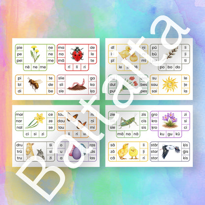 Zilbju kartītes - pavasaris krāsainas zilbju kartītes par pavasari zilbju uzdevumi knaģu kartītes ar zilbēm baltaita