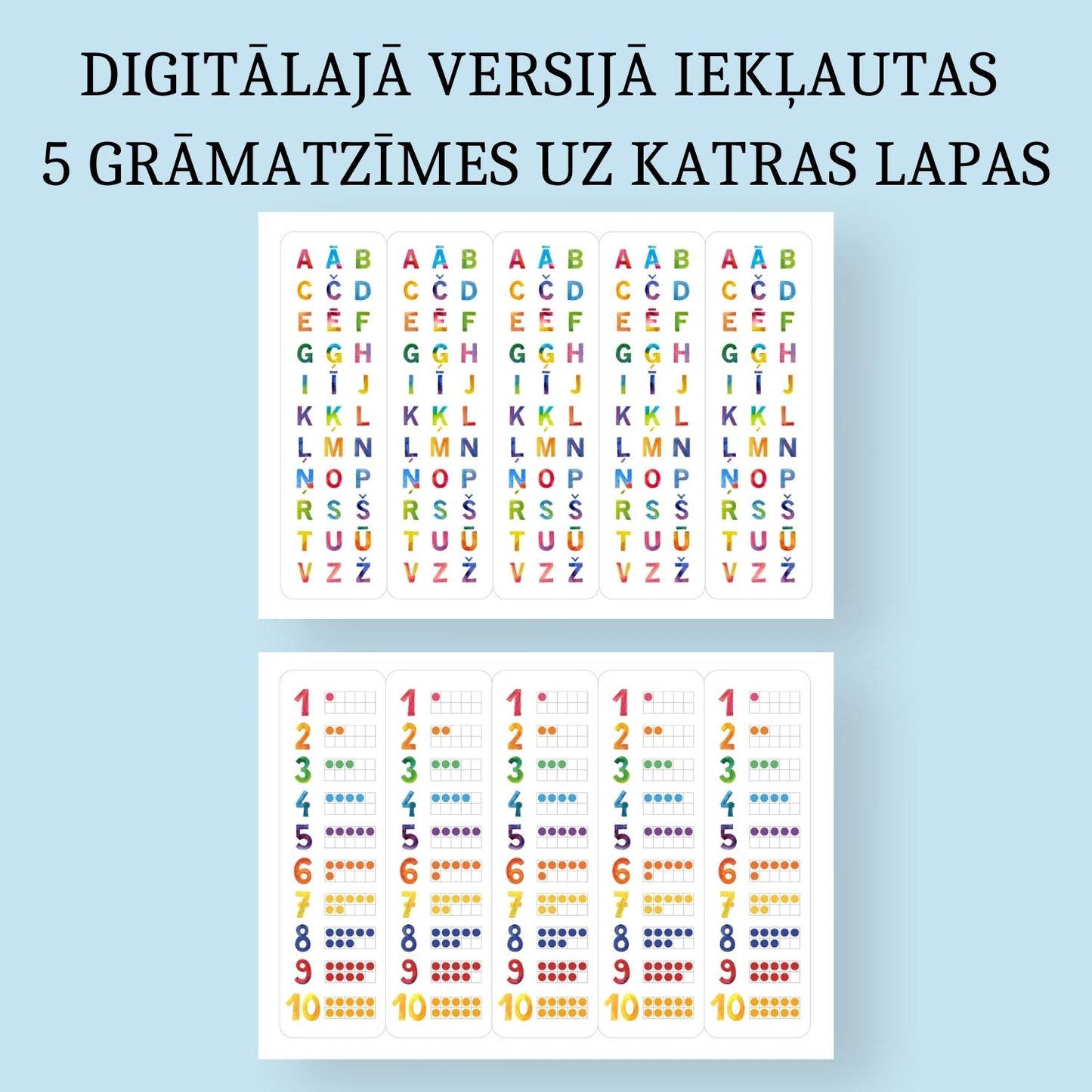 digitālā versijas grāmatzīmes alfabēta burti un cipari piecas grāmatzīmes uz vienas lapas