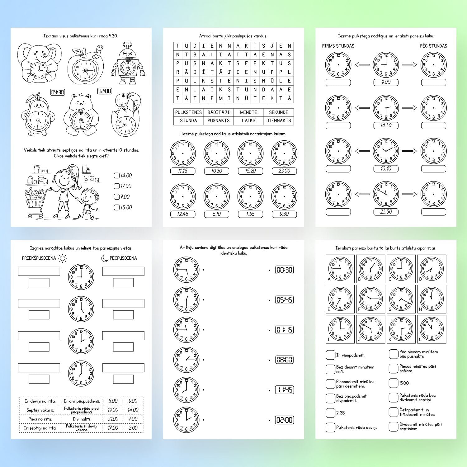 pulksteņa darba lapas bērniem mācāmies pulksteni un laiku